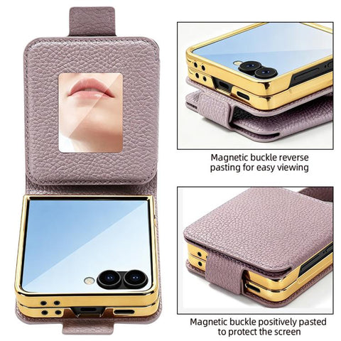 VIETAO Litchi Pattern Makeup Mirror PU Phone Case with Silk Scarf, For Galaxy Z Flip8 5G, For Samsung Galaxy Z Flip7