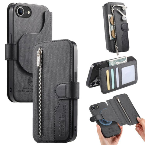 Twill Fabric MagSafe RFID Anti-theft Zipper Wallet Leather Phone Case, For iPhone 18 / 17, For iPhone 18 Pro / 17 Pro, For iPhone 18 Pro Max / 17 Pro Max, For iPhone 17e / 16e, For iPhone Air, For iPhone 16 Pro Max, For iPhone 16 Pro, For iPhone 16 Plu...