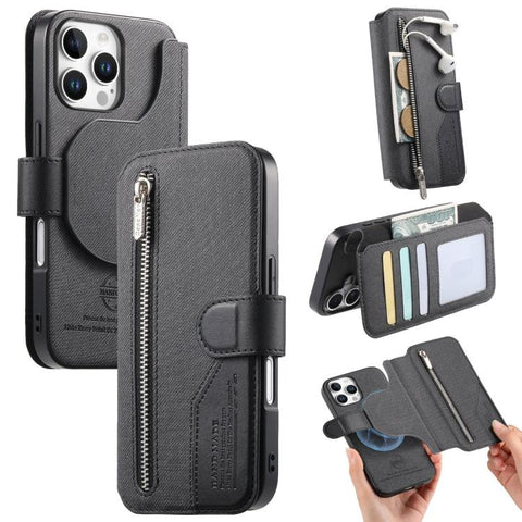 Twill Fabric MagSafe RFID Anti-theft Zipper Wallet Leather Phone Case, For iPhone 18 / 17, For iPhone 18 Pro / 17 Pro, For iPhone 18 Pro Max / 17 Pro Max, For iPhone 17e / 16e, For iPhone Air, For iPhone 16 Pro Max, For iPhone 16 Pro, For iPhone 16 Plu...