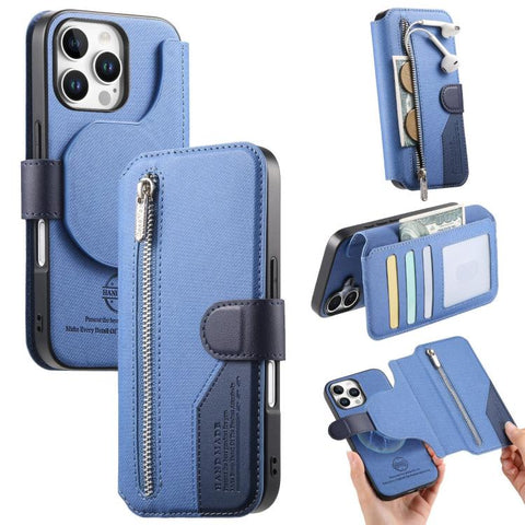 Twill Fabric MagSafe RFID Anti-theft Zipper Wallet Leather Phone Case, For iPhone 18 / 17, For iPhone 18 Pro / 17 Pro, For iPhone 18 Pro Max / 17 Pro Max, For iPhone 17e / 16e, For iPhone Air, For iPhone 16 Pro Max, For iPhone 16 Pro, For iPhone 16 Plu...