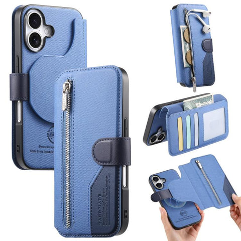 Twill Fabric MagSafe RFID Anti-theft Zipper Wallet Leather Phone Case, For iPhone 18 / 17, For iPhone 18 Pro / 17 Pro, For iPhone 18 Pro Max / 17 Pro Max, For iPhone 17e / 16e, For iPhone Air, For iPhone 16 Pro Max, For iPhone 16 Pro, For iPhone 16 Plu...