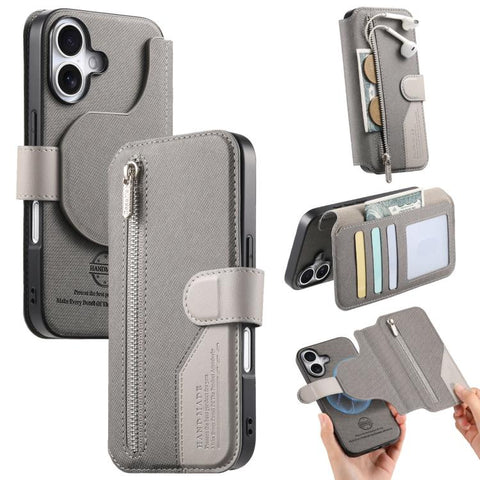 Twill Fabric MagSafe RFID Anti-theft Zipper Wallet Leather Phone Case, For iPhone 18 / 17, For iPhone 18 Pro / 17 Pro, For iPhone 18 Pro Max / 17 Pro Max, For iPhone 17e / 16e, For iPhone Air, For iPhone 16 Pro Max, For iPhone 16 Pro, For iPhone 16 Plu...
