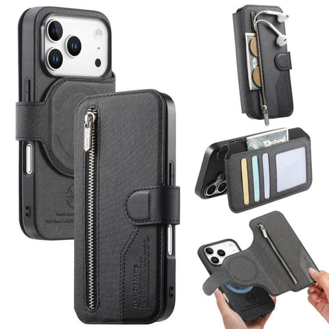 Twill Fabric MagSafe RFID Anti-theft Zipper Wallet Leather Phone Case, For iPhone 18 / 17, For iPhone 18 Pro / 17 Pro, For iPhone 18 Pro Max / 17 Pro Max, For iPhone 17e / 16e, For iPhone Air, For iPhone 16 Pro Max, For iPhone 16 Pro, For iPhone 16 Plu...