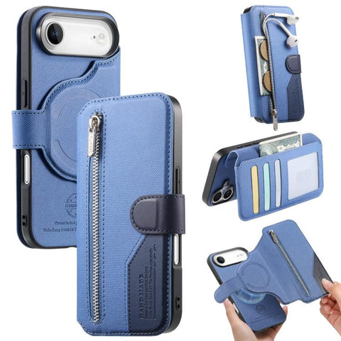 Twill Fabric MagSafe RFID Anti-theft Zipper Wallet Leather Phone Case, For iPhone 18 / 17, For iPhone 18 Pro / 17 Pro, For iPhone 18 Pro Max / 17 Pro Max, For iPhone 17e / 16e, For iPhone Air, For iPhone 16 Pro Max, For iPhone 16 Pro, For iPhone 16 Plu...