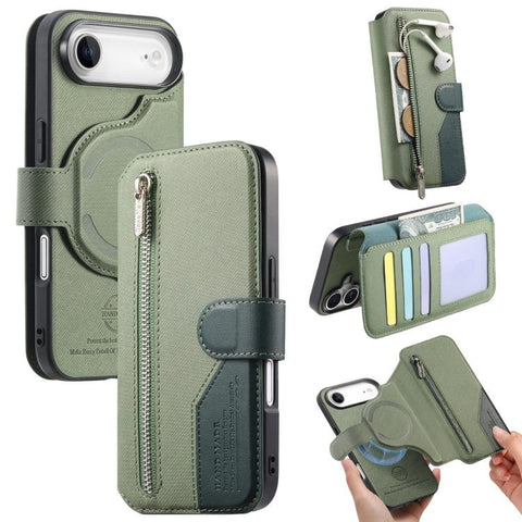 Twill Fabric MagSafe RFID Anti-theft Zipper Wallet Leather Phone Case, For iPhone 18 / 17, For iPhone 18 Pro / 17 Pro, For iPhone 18 Pro Max / 17 Pro Max, For iPhone 17e / 16e, For iPhone Air, For iPhone 16 Pro Max, For iPhone 16 Pro, For iPhone 16 Plu...