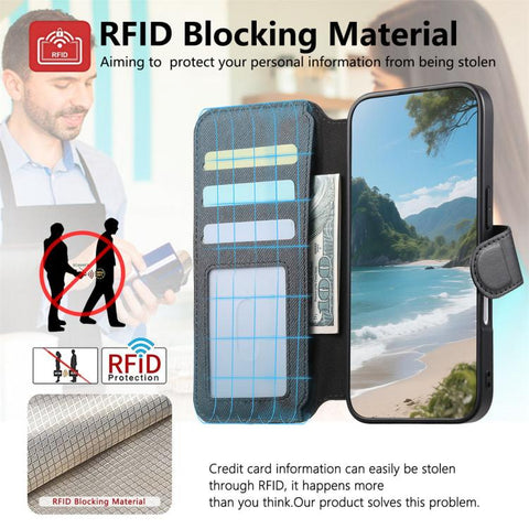 Twill Fabric MagSafe RFID Anti-theft Zipper Wallet Leather Phone Case, For iPhone 18 / 17, For iPhone 18 Pro / 17 Pro, For iPhone 18 Pro Max / 17 Pro Max, For iPhone 17e / 16e, For iPhone Air, For iPhone 16 Pro Max, For iPhone 16 Pro, For iPhone 16 Plu...