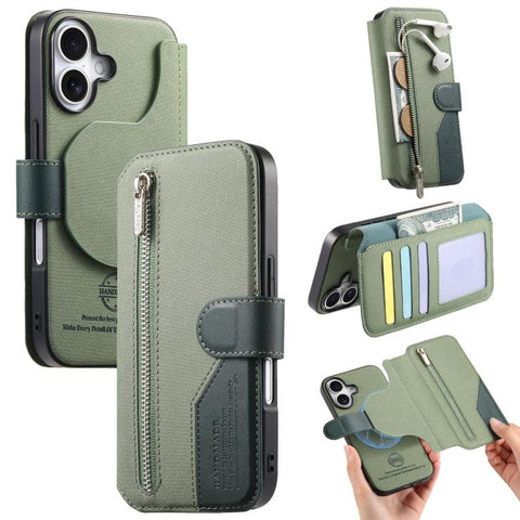 Twill Fabric MagSafe RFID Anti-theft Zipper Wallet Leather Phone Case, For iPhone 18 / 17, For iPhone 18 Pro / 17 Pro, For iPhone 18 Pro Max / 17 Pro Max, For iPhone 17e / 16e, For iPhone Air, For iPhone 16 Pro Max, For iPhone 16 Pro, For iPhone 16 Plu...