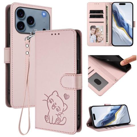 Embossed Heart Cat Leather Phone Case with Hand Strap, For iPhone 18 Pro / 17 Pro, For iPhone 18 Pro Max / 17 Pro Max, For iPhone 17e / 16e, For iPhone 17