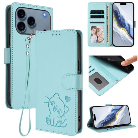 Embossed Heart Cat Leather Phone Case with Hand Strap, For iPhone 18 Pro / 17 Pro, For iPhone 18 Pro Max / 17 Pro Max, For iPhone 17e / 16e, For iPhone 17