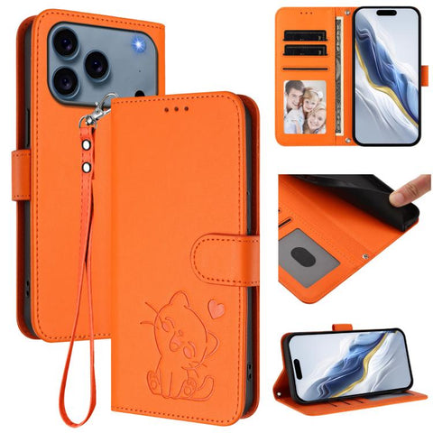 Embossed Heart Cat Leather Phone Case with Hand Strap, For iPhone 18 Pro / 17 Pro, For iPhone 18 Pro Max / 17 Pro Max, For iPhone 17e / 16e, For iPhone 17
