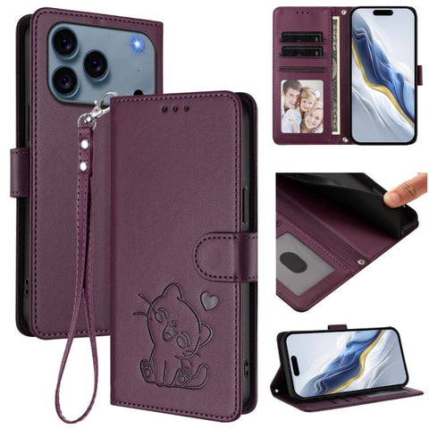 Embossed Heart Cat Leather Phone Case with Hand Strap, For iPhone 18 Pro / 17 Pro, For iPhone 18 Pro Max / 17 Pro Max, For iPhone 17e / 16e, For iPhone 17
