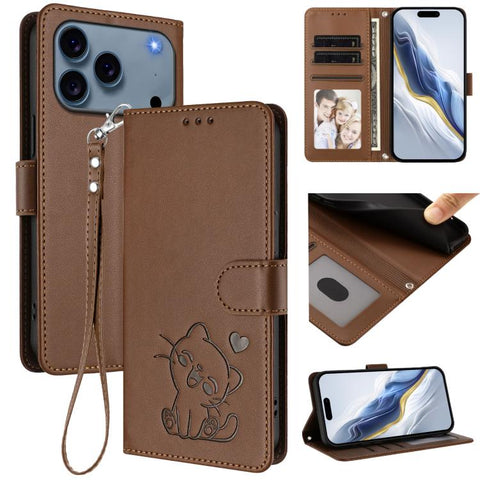 Embossed Heart Cat Leather Phone Case with Hand Strap, For iPhone 18 Pro / 17 Pro, For iPhone 18 Pro Max / 17 Pro Max, For iPhone 17e / 16e, For iPhone 17