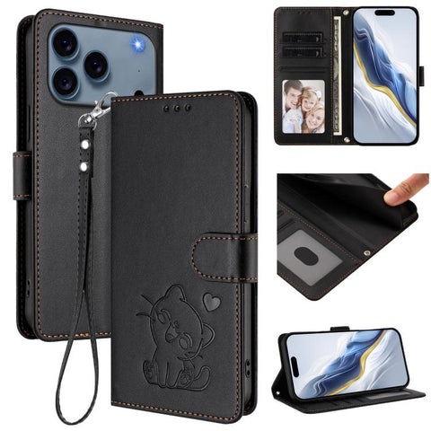 Embossed Heart Cat Leather Phone Case with Hand Strap, For iPhone 18 Pro / 17 Pro, For iPhone 18 Pro Max / 17 Pro Max, For iPhone 17e / 16e, For iPhone 17