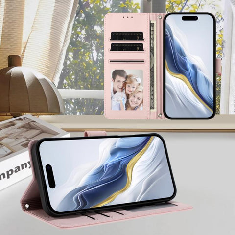 Embossed Heart Cat Leather Phone Case with Hand Strap, For iPhone 18 Pro / 17 Pro, For iPhone 18 Pro Max / 17 Pro Max, For iPhone 17e / 16e, For iPhone 17