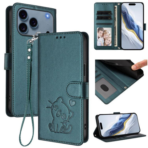 Embossed Heart Cat Leather Phone Case with Hand Strap, For iPhone 18 Pro / 17 Pro, For iPhone 18 Pro Max / 17 Pro Max, For iPhone 17e / 16e, For iPhone 17