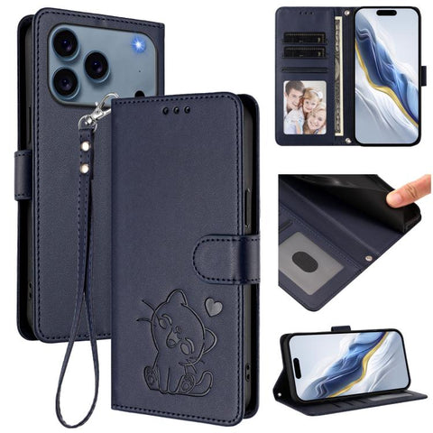 Embossed Heart Cat Leather Phone Case with Hand Strap, For iPhone 18 Pro / 17 Pro, For iPhone 18 Pro Max / 17 Pro Max, For iPhone 17e / 16e, For iPhone 17