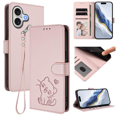 Embossed Heart Cat Leather Phone Case with Hand Strap, For iPhone 18 Pro / 17 Pro, For iPhone 18 Pro Max / 17 Pro Max, For iPhone 17e / 16e, For iPhone 17