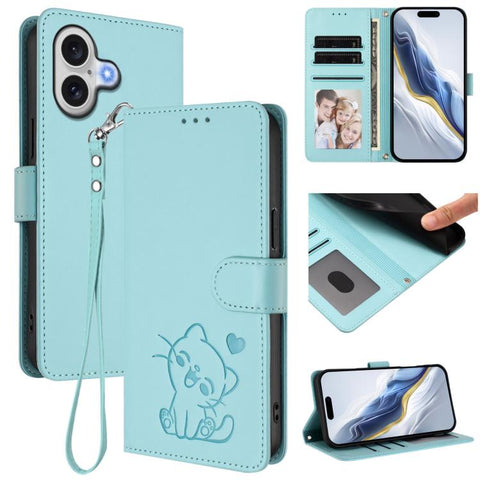 Embossed Heart Cat Leather Phone Case with Hand Strap, For iPhone 18 Pro / 17 Pro, For iPhone 18 Pro Max / 17 Pro Max, For iPhone 17e / 16e, For iPhone 17