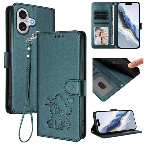 Embossed Heart Cat Leather Phone Case with Hand Strap, For iPhone 18 Pro / 17 Pro, For iPhone 18 Pro Max / 17 Pro Max, For iPhone 17e / 16e, For iPhone 17