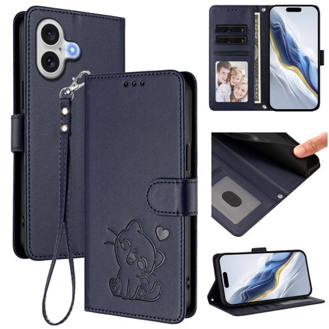 Embossed Heart Cat Leather Phone Case with Hand Strap, For iPhone 18 Pro / 17 Pro, For iPhone 18 Pro Max / 17 Pro Max, For iPhone 17e / 16e, For iPhone 17
