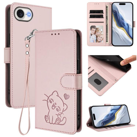 Embossed Heart Cat Leather Phone Case with Hand Strap, For iPhone 18 Pro / 17 Pro, For iPhone 18 Pro Max / 17 Pro Max, For iPhone 17e / 16e, For iPhone 17