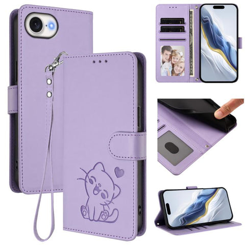 Embossed Heart Cat Leather Phone Case with Hand Strap, For iPhone 18 Pro / 17 Pro, For iPhone 18 Pro Max / 17 Pro Max, For iPhone 17e / 16e, For iPhone 17
