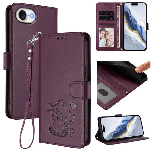 Embossed Heart Cat Leather Phone Case with Hand Strap, For iPhone 18 Pro / 17 Pro, For iPhone 18 Pro Max / 17 Pro Max, For iPhone 17e / 16e, For iPhone 17