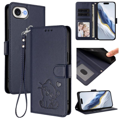 Embossed Heart Cat Leather Phone Case with Hand Strap, For iPhone 18 Pro / 17 Pro, For iPhone 18 Pro Max / 17 Pro Max, For iPhone 17e / 16e, For iPhone 17