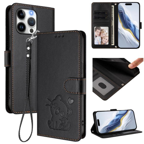 Embossed Heart Cat Leather Phone Case with Hand Strap, For iPhone Air, For iPhone 16 Pro Max, For iPhone 16 Pro, For iPhone 16 Plus