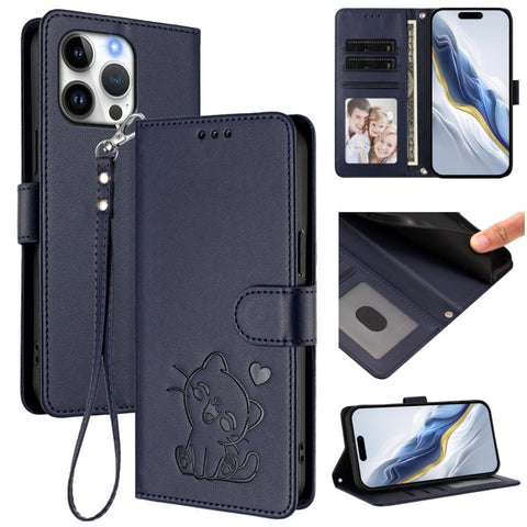 Embossed Heart Cat Leather Phone Case with Hand Strap, For iPhone Air, For iPhone 16 Pro Max, For iPhone 16 Pro, For iPhone 16 Plus