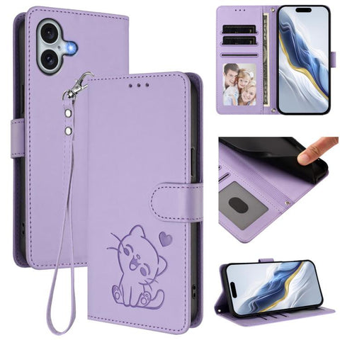 Embossed Heart Cat Leather Phone Case with Hand Strap, For iPhone 16, For iPhone 15 Pro Max, For iPhone 15 Pro, For iPhone 15 Plus