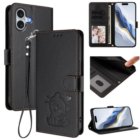 Embossed Heart Cat Leather Phone Case with Hand Strap, For iPhone 16, For iPhone 15 Pro Max, For iPhone 15 Pro, For iPhone 15 Plus