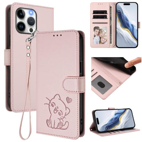 Embossed Heart Cat Leather Phone Case with Hand Strap, For iPhone 16, For iPhone 15 Pro Max, For iPhone 15 Pro, For iPhone 15 Plus