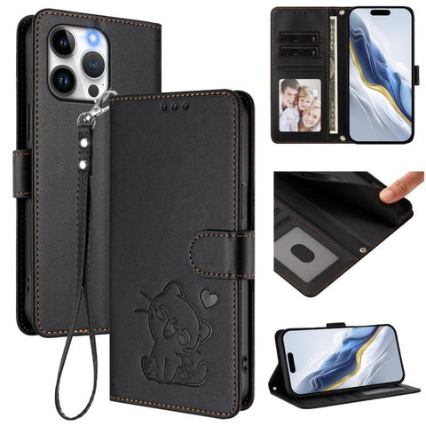 Embossed Heart Cat Leather Phone Case with Hand Strap, For iPhone 16, For iPhone 15 Pro Max, For iPhone 15 Pro, For iPhone 15 Plus
