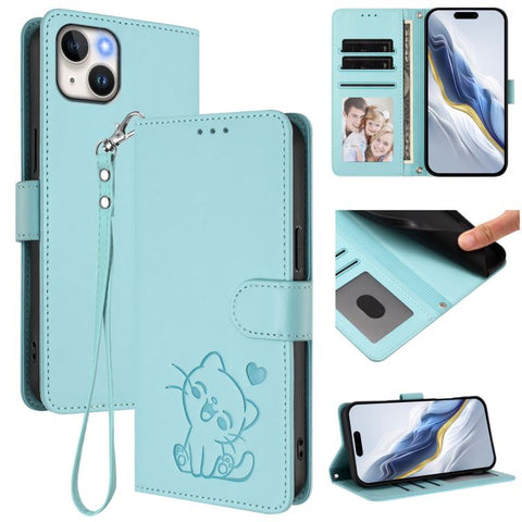 Embossed Heart Cat Leather Phone Case with Hand Strap, For iPhone 16, For iPhone 15 Pro Max, For iPhone 15 Pro, For iPhone 15 Plus