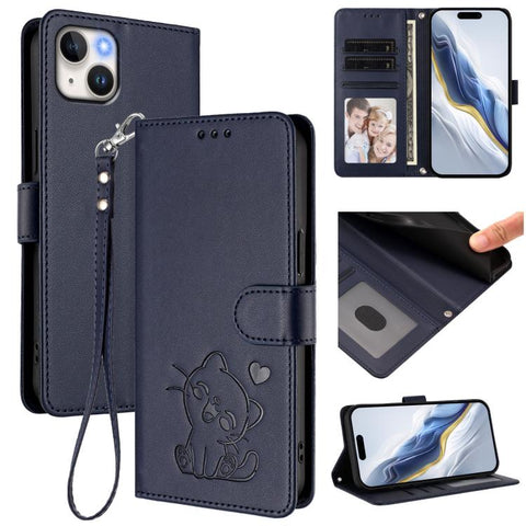 Embossed Heart Cat Leather Phone Case with Hand Strap, For iPhone 16, For iPhone 15 Pro Max, For iPhone 15 Pro, For iPhone 15 Plus