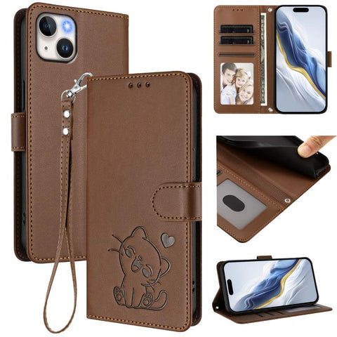 Embossed Heart Cat Leather Phone Case with Hand Strap, For iPhone 16, For iPhone 15 Pro Max, For iPhone 15 Pro, For iPhone 15 Plus