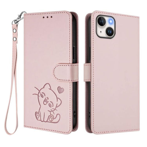 Embossed Heart Cat Leather Phone Case with Hand Strap, For iPhone 15, For iPhone 14 Plus, For iPhone 14 / 13, For iPhone 14 Pro