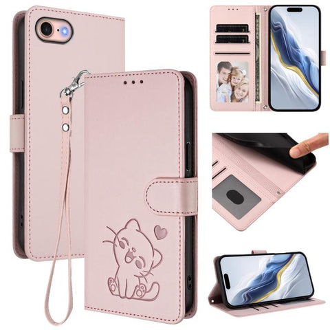 Embossed Heart Cat Leather Phone Case with Hand Strap, For iPhone 14 Pro Max, For iPhone 7 / 8 / SE 2022, For iPhone 13 Pro Max, For iPhone 13 Pro