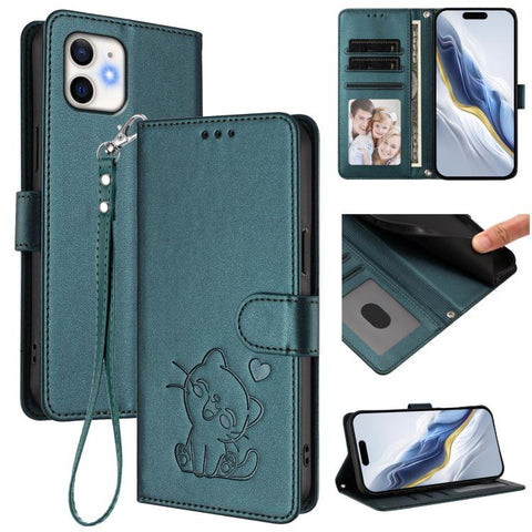 Embossed Heart Cat Leather Phone Case with Hand Strap, For iPhone 13 mini, For iPhone 12 / 12 Pro, For iPhone 12 Pro Max, For iPhone 12 mini