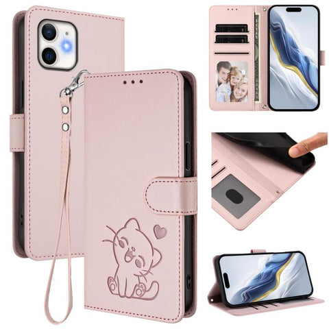 Embossed Heart Cat Leather Phone Case with Hand Strap, For iPhone 13 mini, For iPhone 12 / 12 Pro, For iPhone 12 Pro Max, For iPhone 12 mini