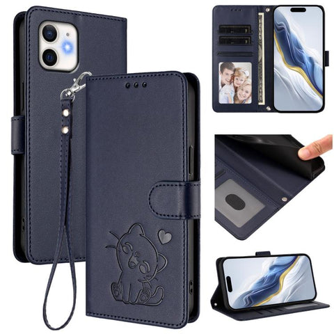 Embossed Heart Cat Leather Phone Case with Hand Strap, For iPhone 13 mini, For iPhone 12 / 12 Pro, For iPhone 12 Pro Max, For iPhone 12 mini