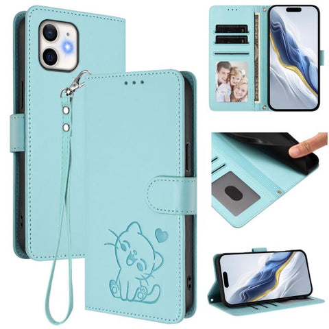 Embossed Heart Cat Leather Phone Case with Hand Strap, For iPhone 11 Pro Max, For iPhone 11, For iPhone 11 Pro, For iPhone X / XS