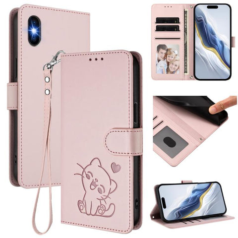 Embossed Heart Cat Leather Phone Case with Hand Strap, For iPhone 11 Pro Max, For iPhone 11, For iPhone 11 Pro, For iPhone X / XS