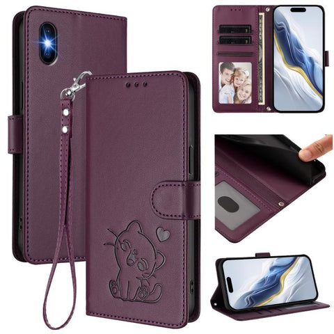 Embossed Heart Cat Leather Phone Case with Hand Strap, For iPhone 11 Pro Max, For iPhone 11, For iPhone 11 Pro, For iPhone X / XS