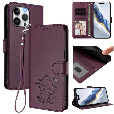 Embossed Heart Cat Leather Phone Case with Hand Strap, For iPhone 15, For iPhone 14 Plus, For iPhone 14 / 13, For iPhone 14 Pro
