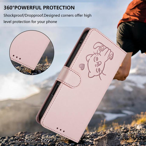 Embossed Heart Cat Leather Phone Case with Hand Strap, For iPhone 13 mini, For iPhone 12 / 12 Pro, For iPhone 12 Pro Max, For iPhone 12 mini