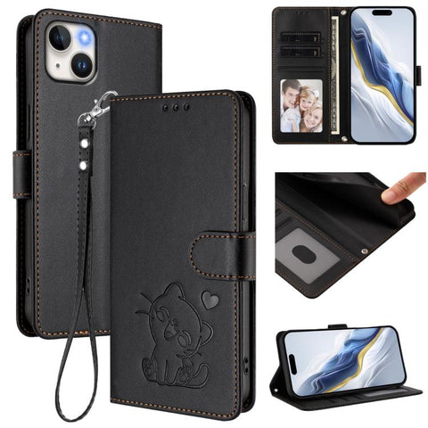 Embossed Heart Cat Leather Phone Case with Hand Strap, For iPhone 13 mini, For iPhone 12 / 12 Pro, For iPhone 12 Pro Max, For iPhone 12 mini