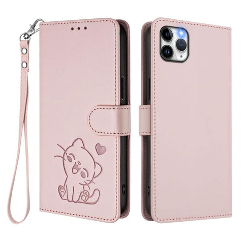Embossed Heart Cat Leather Phone Case with Hand Strap, For iPhone 11 Pro Max, For iPhone 11, For iPhone 11 Pro, For iPhone X / XS