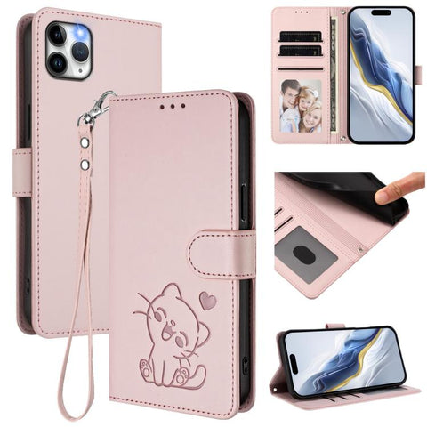 Embossed Heart Cat Leather Phone Case with Hand Strap, For iPhone 11 Pro Max, For iPhone 11, For iPhone 11 Pro, For iPhone X / XS
